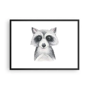 Póster en marco negro - Adorable retrato de un mapache sobre un fondo blanco. - 70x50cm - Un momento para la emoción - Decoración de pared moderna para salón y dormitorio ARTTOR