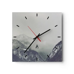 Reloj de pared - Reloj de vidrio - Un valle de montaña envuelto en niebla en tonos grises. - 30x30cm - Valle de la niebla - Decoración de pared moderna para salón y dormitorio ARTTOR