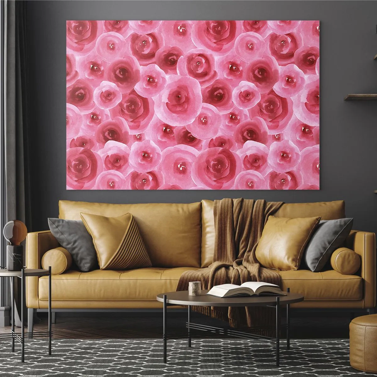 Cuadro sobre vidrio - Impresiones sobre Vidrio - Patrón de rosas de acuarela en tonos rojos y rosas. - 70x50cm - Rosas abajo y arriba - Decoración de pared moderna para salón y dormitorio ARTTOR