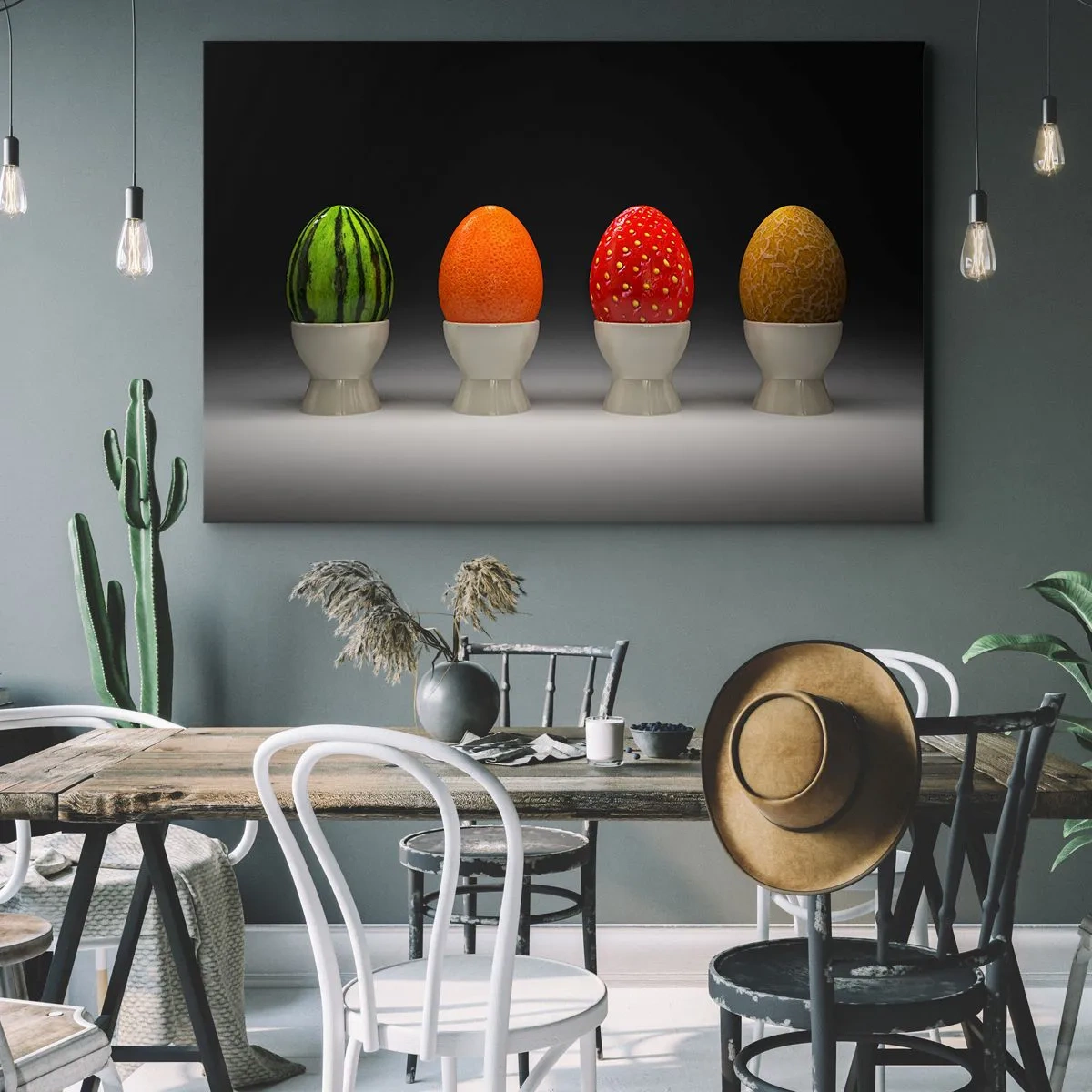 Cuadro sobre lienzo - Impresión de Imagen - Huevos coloridos que se asemejan a frutas sobre un fondo oscuro. - 120x80cm - Desayuno de frutas - Decoración de pared moderna para salón y dormitorio ARTTOR