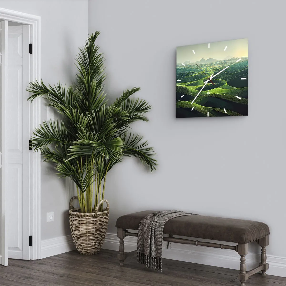 Reloj de pared - Reloj de vidrio - Colinas verdes con senderos ondulados - 30x30cm - Valles en tonos verdes - Decoración de pared moderna para salón y dormitorio ARTTOR