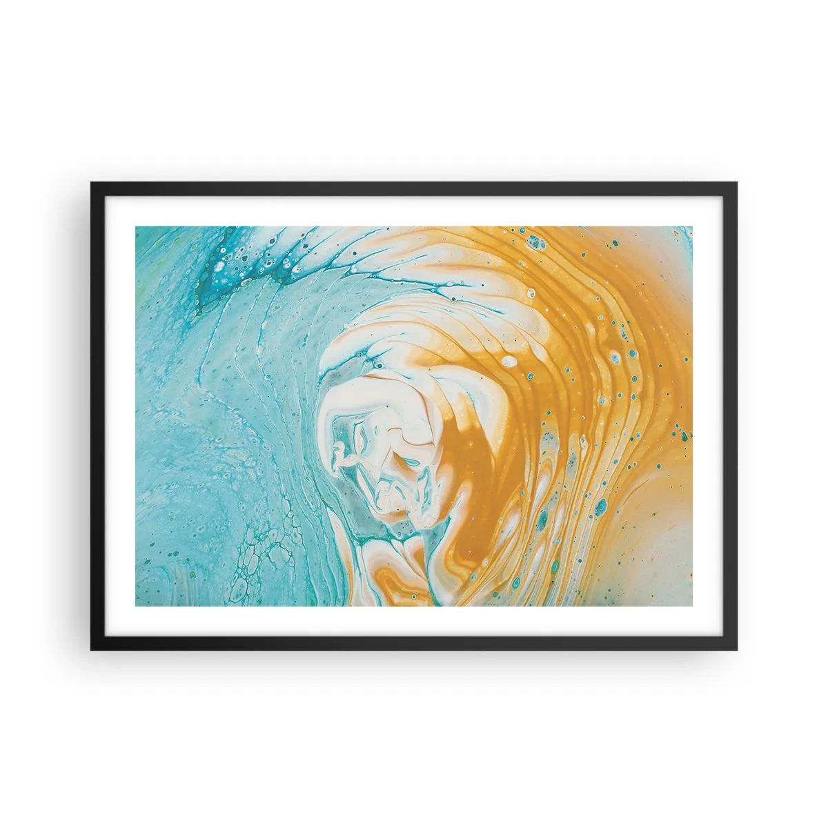 Póster en marco negro - Ondas abstractas en tonos azules y dorados sobre lienzo. - 70x50cm - Remolino pastel - Decoración de pared moderna para salón y dormitorio ARTTOR