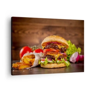 Cuadro sobre lienzo - Impresión de Imagen - Apetitosa hamburguesa con extras - 70x50cm - Fruta prohibida - Decoración de pared moderna para salón y dormitorio ARTTOR