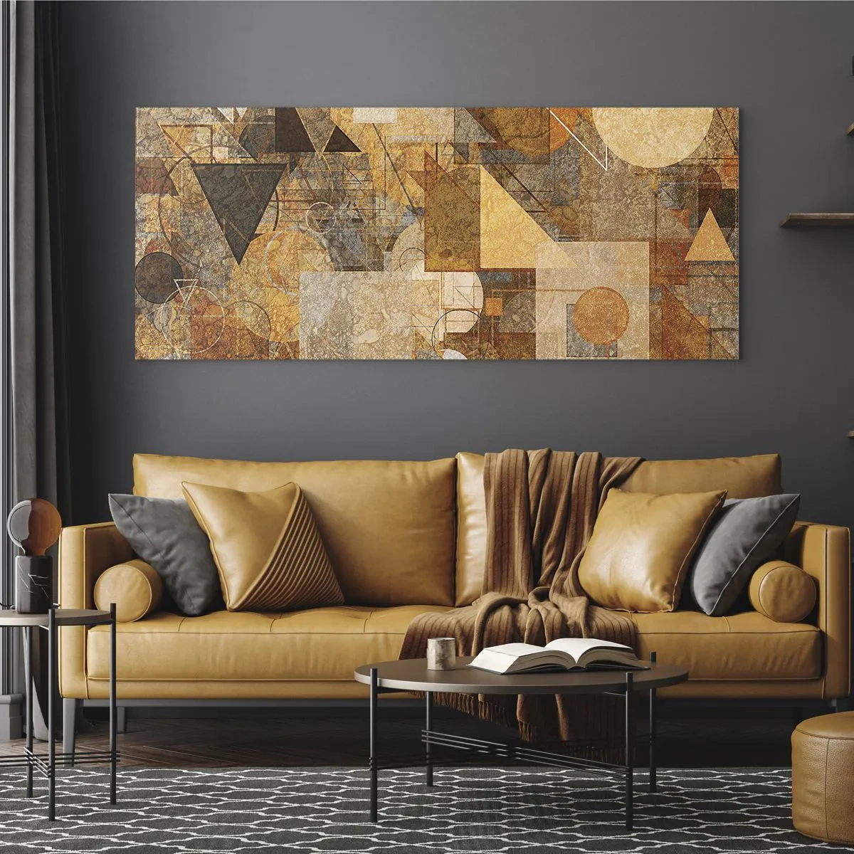 Cuadro sobre vidrio - Impresiones sobre Vidrio - Figuras geométricas abstractas en tonos cálidos. - 120x50cm - Estudio cubista en bronce - Decoración de pared moderna para salón y dormitorio ARTTOR