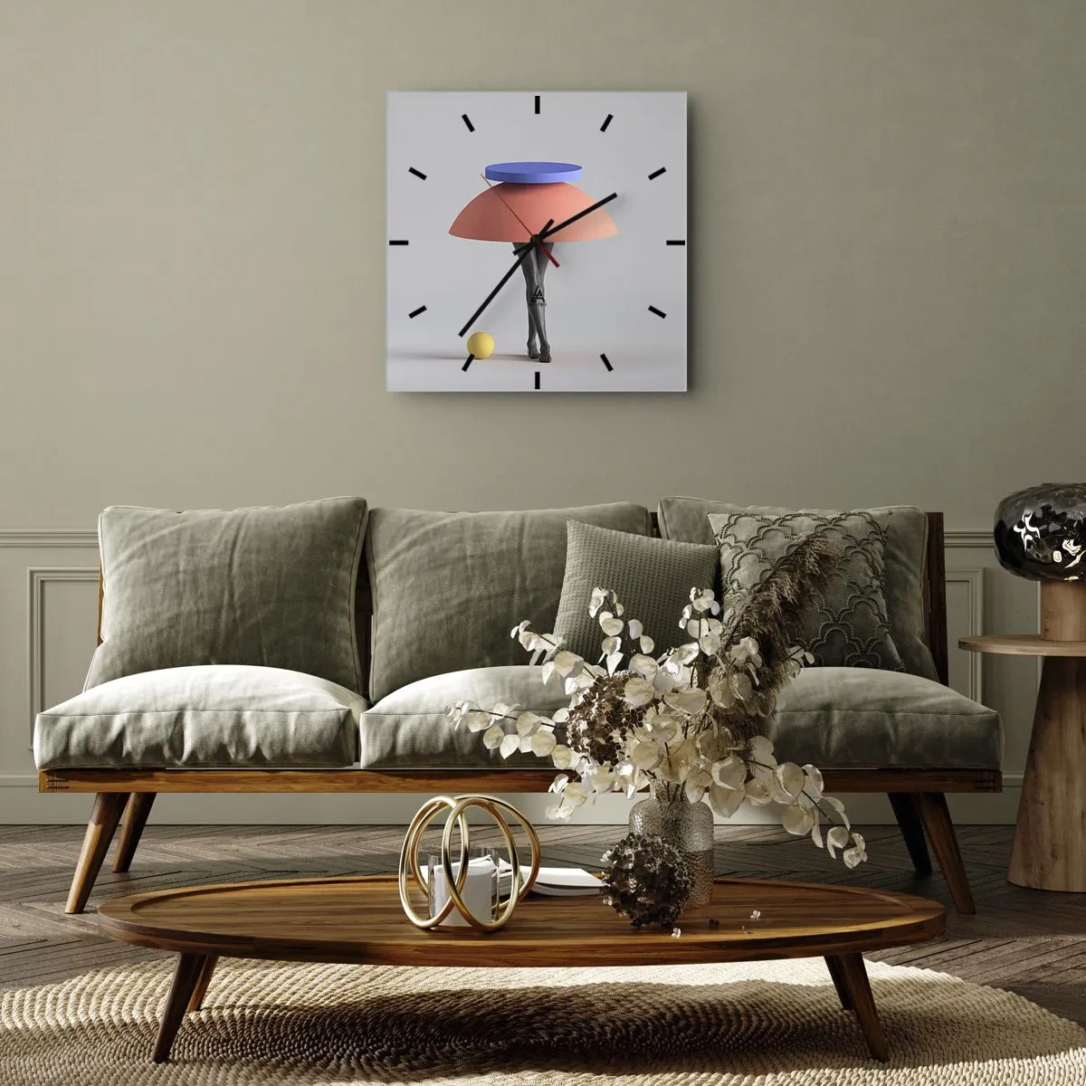 Reloj de pared - Reloj de vidrio - Composición geométrica abstracta con piernas y una pelota. - 30x30cm - Composición surrealista - Decoración de pared moderna para salón y dormitorio ARTTOR
