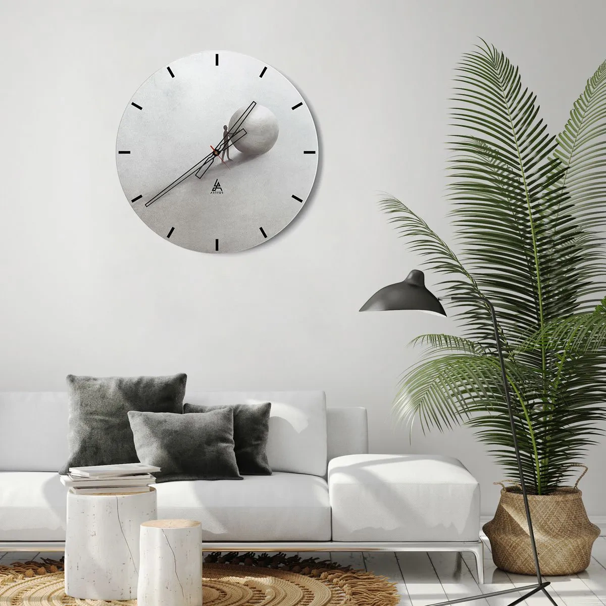 Reloj de pared - Reloj de vidrio - Una figura empuja una pelota sobre un fondo desértico brillante en una escena simbólica. - 30x30cm - El juego de la vida - Decoración de pared moderna para salón, cocina y dormitorio ARTTOR
