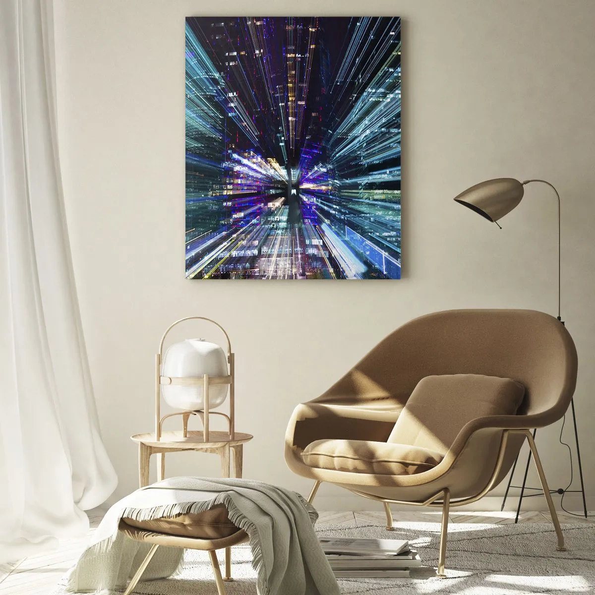 Cuadro sobre vidrio - Impresiones sobre Vidrio - Vista dinámica de la ciudad por la noche con efecto de iluminación. - 80x120cm - Cruzando el hiperespacio - Decoración de pared moderna para salón y dormitorio ARTTOR