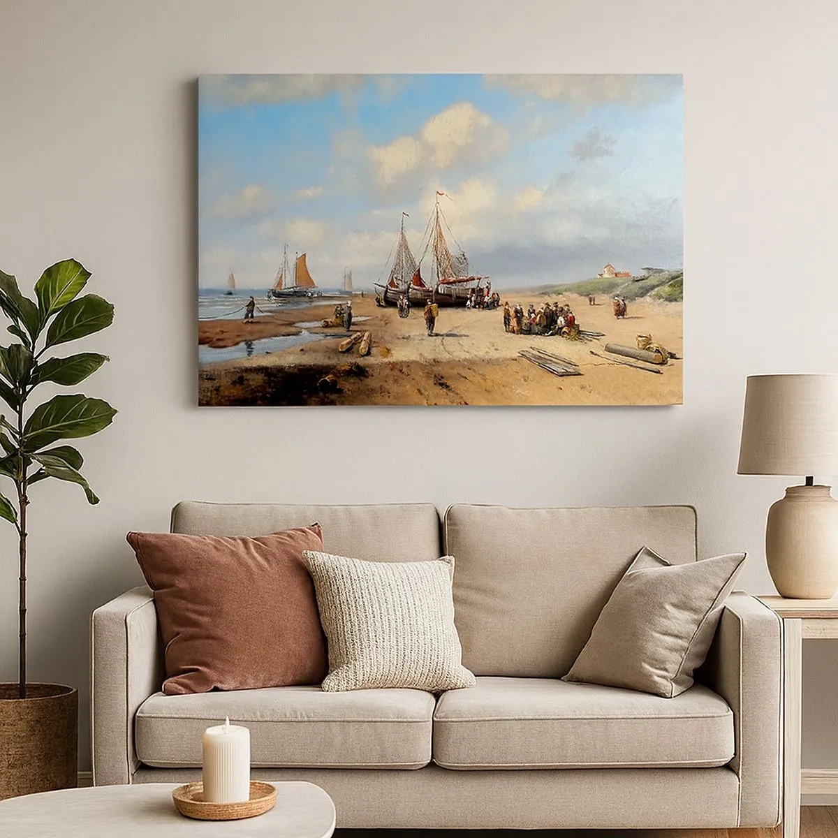 Cuadro sobre lienzo - Impresión de Imagen - Barcos de pesca en la playa con figuras humanas - 70x50cm - Después de una pesca exitosa - Decoración de pared moderna para salón y dormitorio ARTTOR