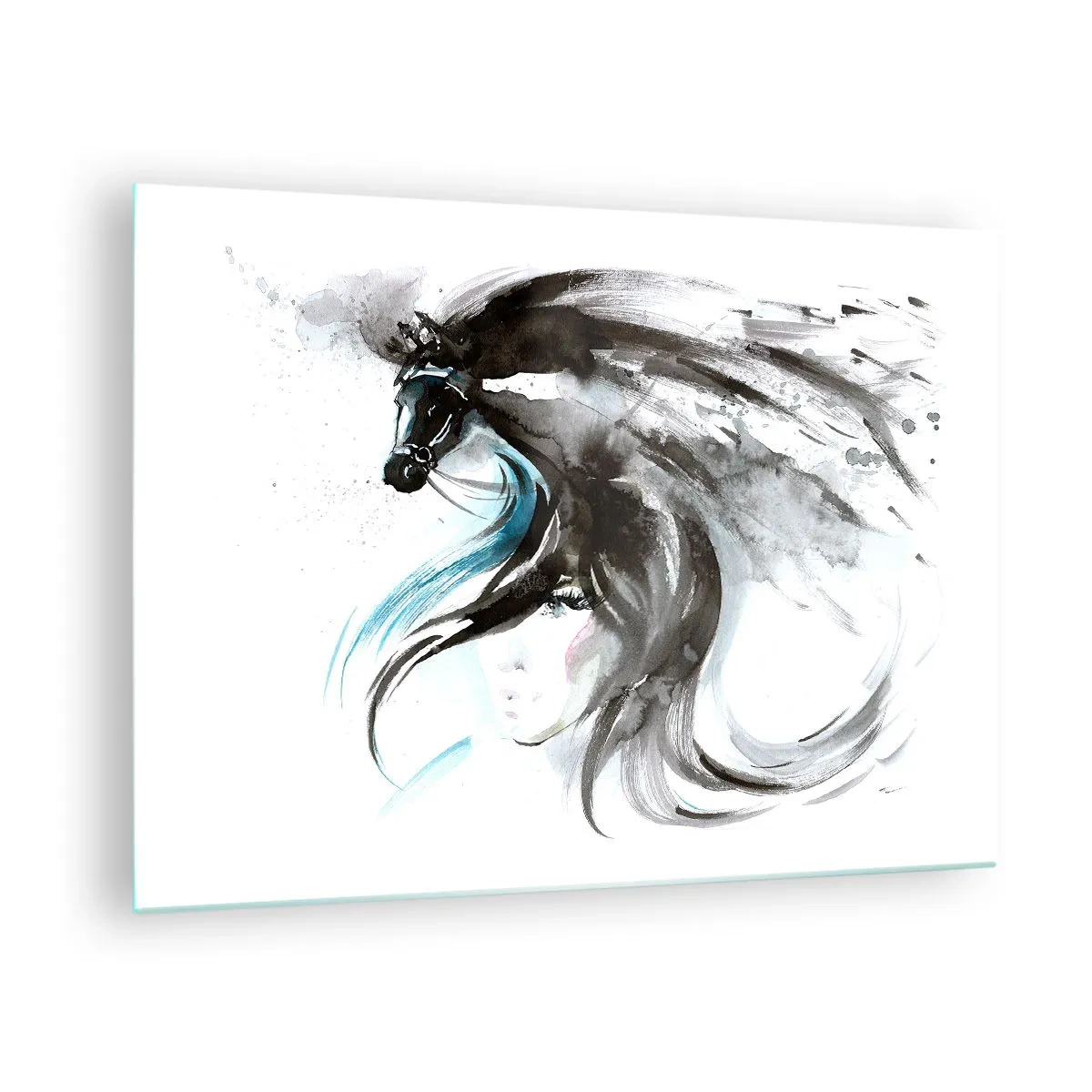 Cuadro sobre vidrio - Impresiones sobre Vidrio - Retrato de una mujer y un caballo en una composición artística y dinámica. - 70x50cm - El galope del Príncipe Negro - Decoración de pared moderna para salón y dormitorio ARTTOR