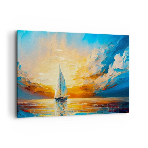 Cuadro sobre lienzo - Impresión de Imagen - Un velero con el sol poniente y nubes de colores como telón de fondo. - 100x70cm - Navegando en oro - Decoración de pared moderna para salón y dormitorio ARTTOR