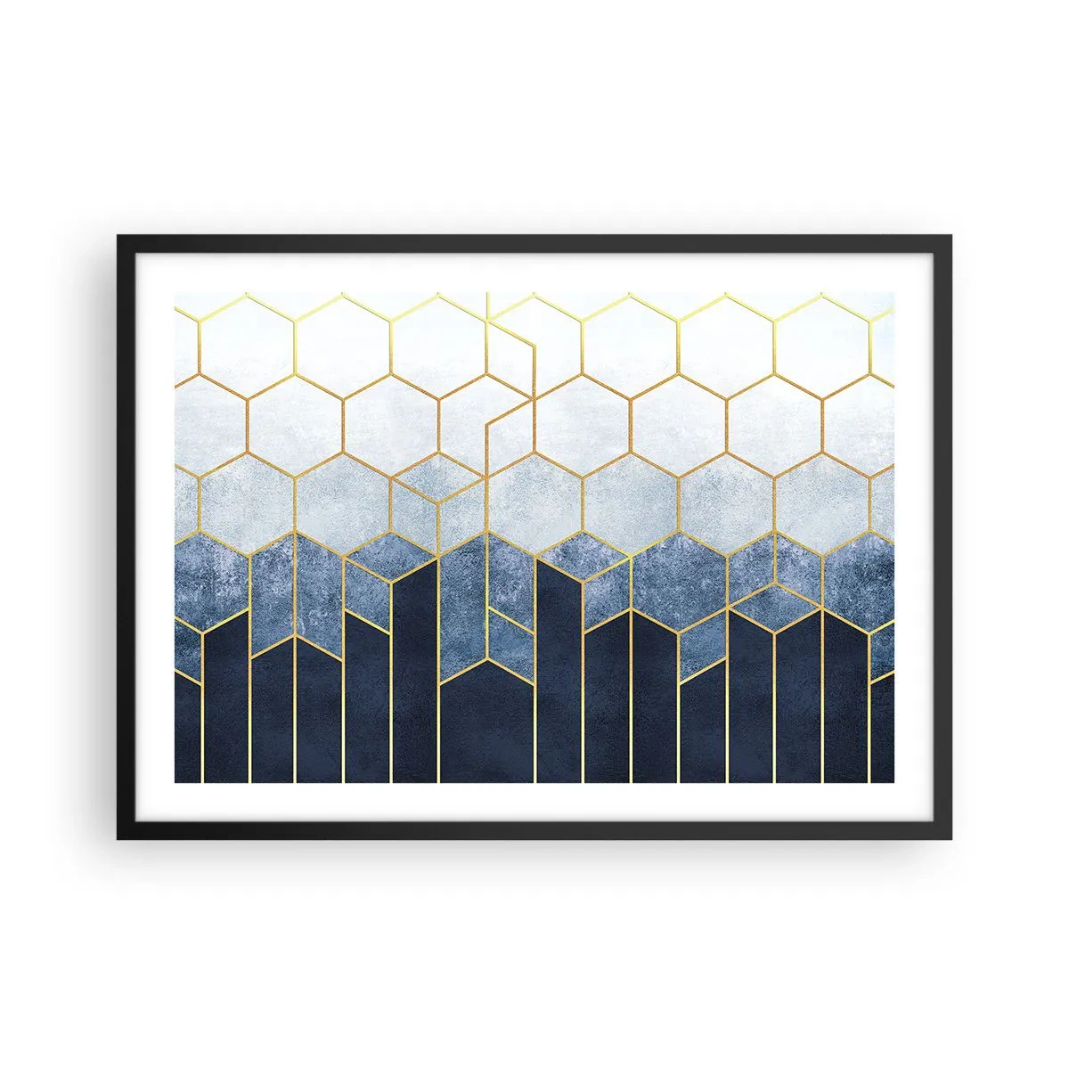 Póster en marco negro - Patrón geométrico en tonos dorados y azul marino. - 70x50cm - Composición rítmica visual - Decoración de pared moderna para salón y dormitorio ARTTOR