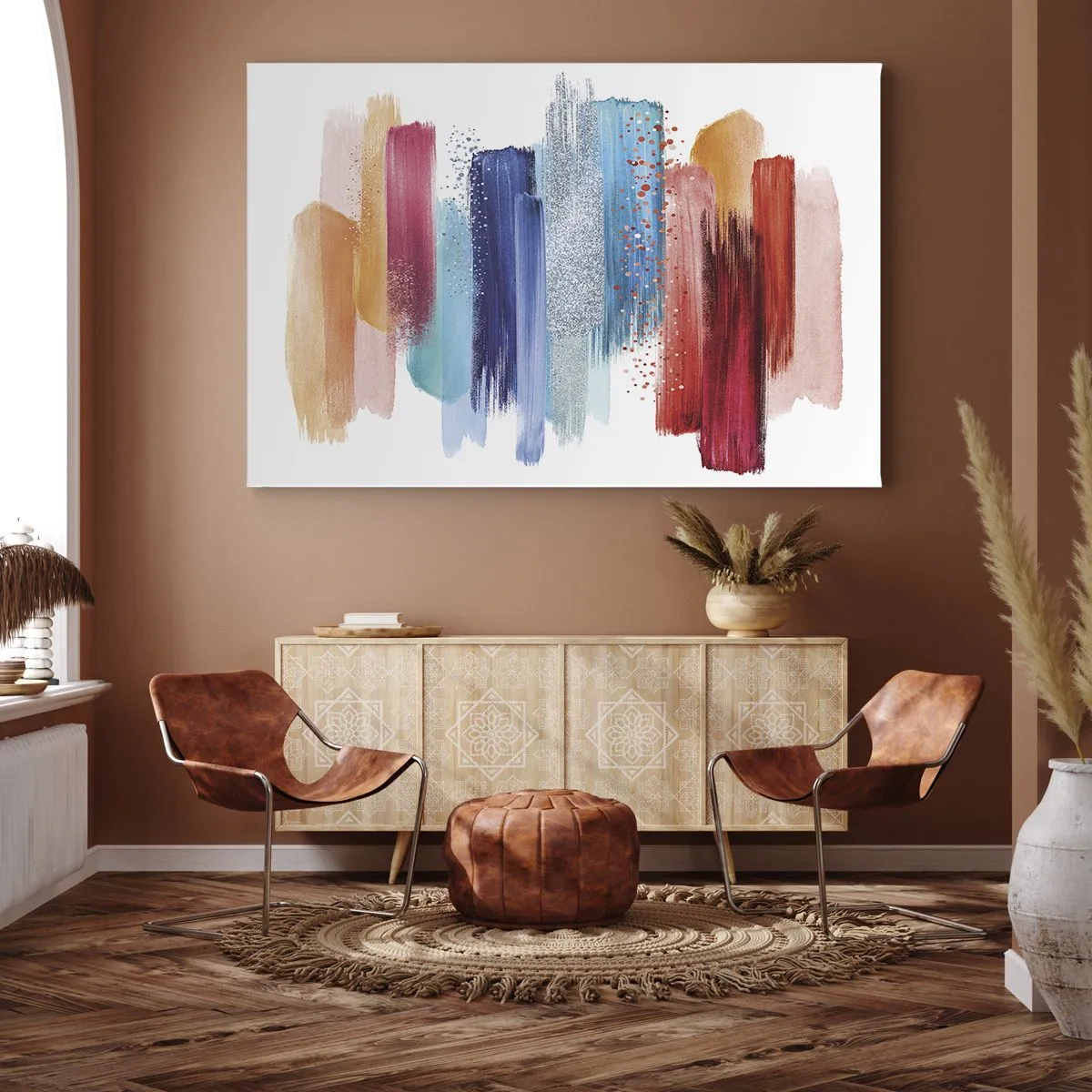 Cuadro sobre lienzo - Impresión de Imagen - Pinceladas de colores sobre un fondo blanco - 70x50cm - Arriba y abajo - Decoración de pared moderna para salón y dormitorio ARTTOR