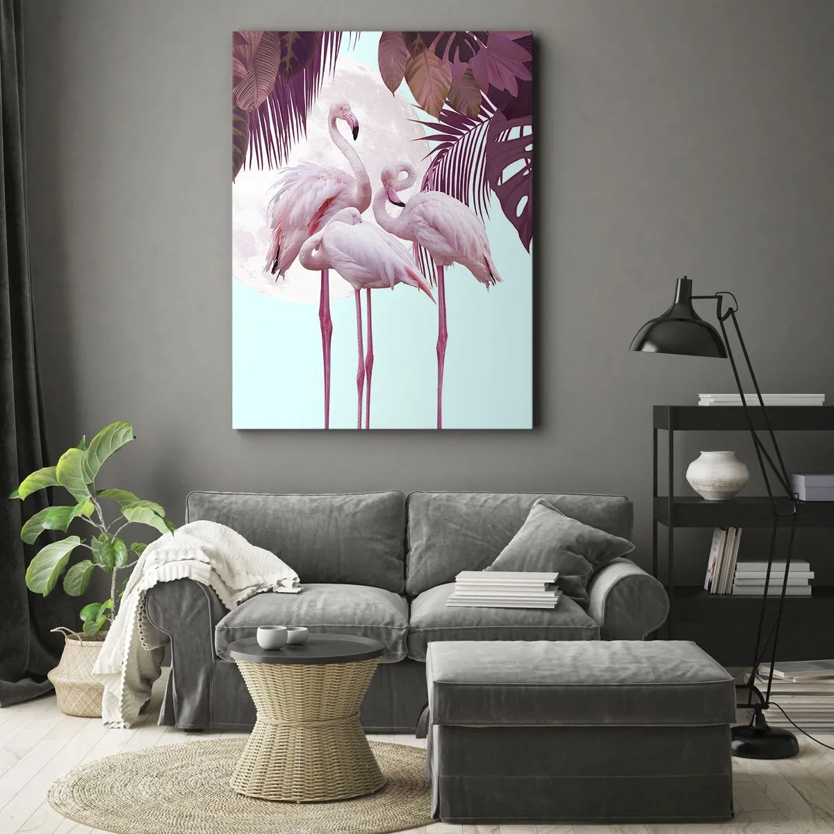 Cuadro sobre lienzo - Impresión de Imagen - Flamencos rosados con la luna y las hojas tropicales como telón de fondo. - 50x70cm - La grandeza de las aves - Decoración de pared moderna para salón y dormitorio ARTTOR