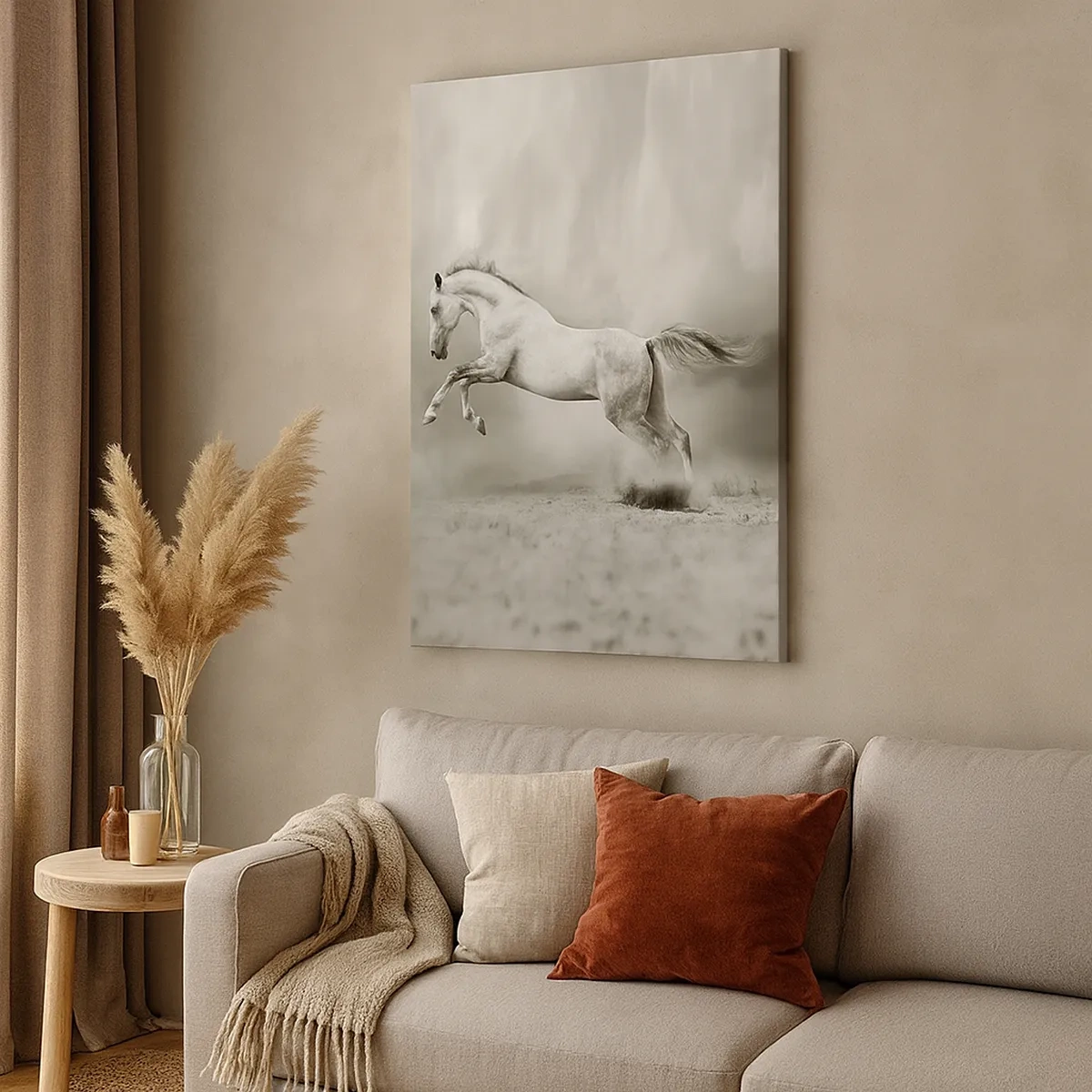 Cuadro sobre lienzo - Impresión de Imagen - Un caballo blanco en un salto dinámico sobre un fondo de nubes brumosas. - 50x70cm - Entre la realidad y el sueño - Decoración de pared moderna para salón y dormitorio ARTTOR