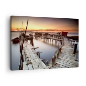 Cuadro sobre lienzo - Impresión de Imagen - Muelles de madera en aguas tranquilas al atardecer - 70x50cm - Auténtico, sublime - Decoración de pared moderna para salón y dormitorio ARTTOR