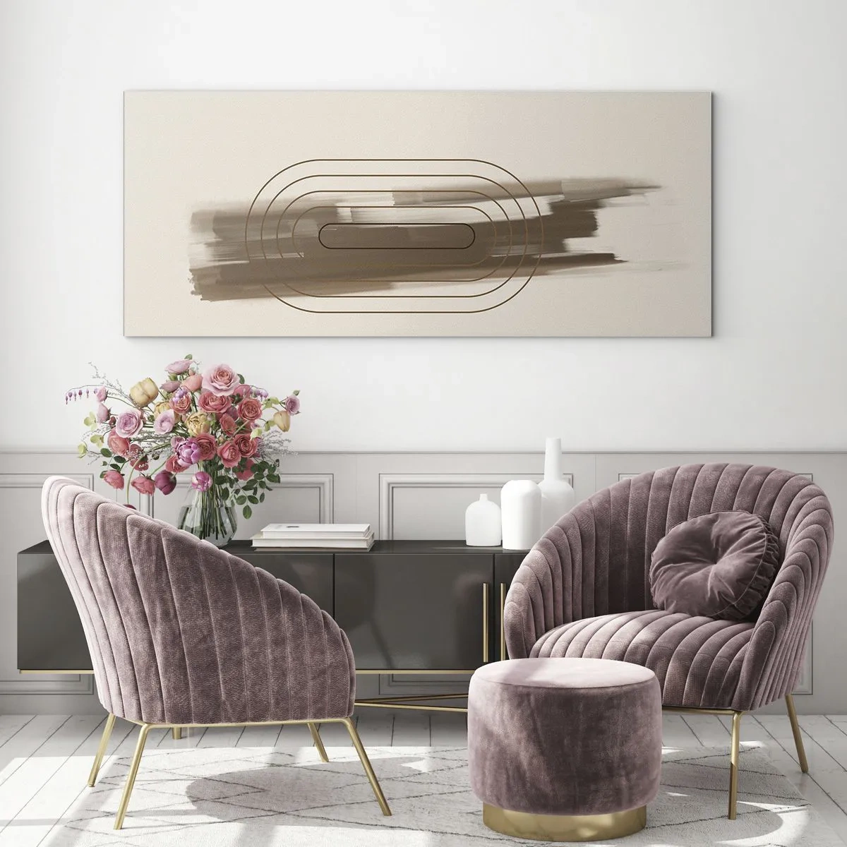 Cuadro sobre vidrio - Impresiones sobre Vidrio - Una composición minimalista en tonos beige y gris con un patrón geométrico. - 140x50cm - Un soplo de gris - Decoración de pared moderna para salón y dormitorio ARTTOR