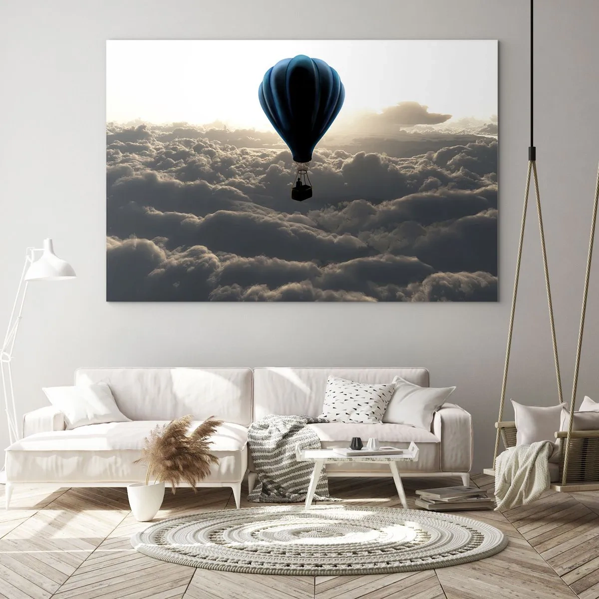 Cuadro sobre vidrio - Impresiones sobre Vidrio - Un globo flotando sobre las nubes al amanecer. - 120x80cm - Un viajero por encima de las nubes - Decoración de pared moderna para salón y dormitorio ARTTOR