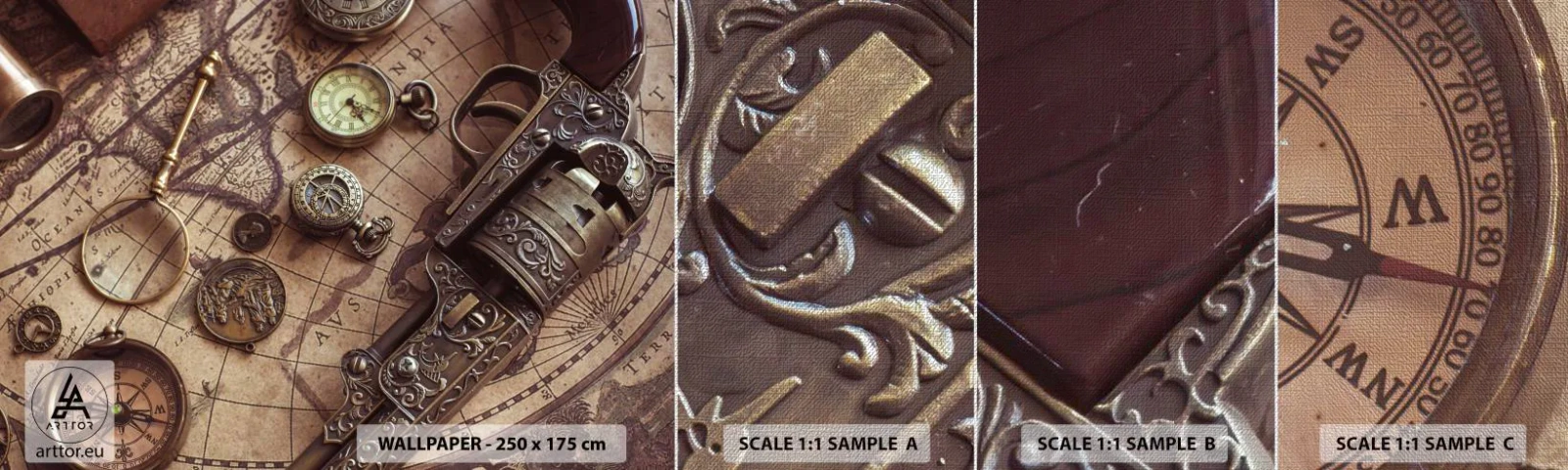 Muestra de fotomural Premium Canvas - La aventura llama - Mapa del mundo, Brújula, Revólver - 100x30 cm