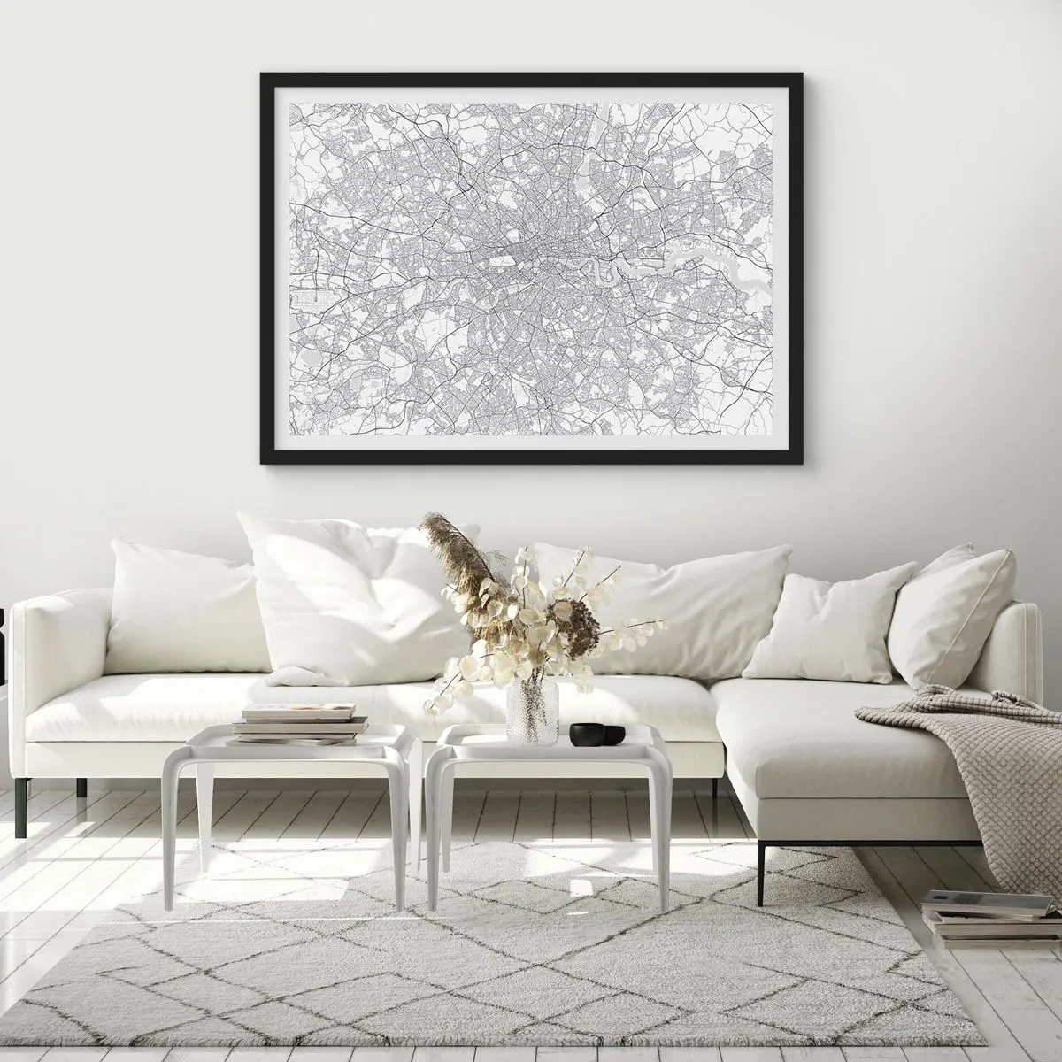 Póster en marco negro - Un mapa de ciudad minimalista en tonos grises - 100x70cm - Un mapa del laberinto de Londres - Decoración de pared moderna para salón y dormitorio ARTTOR