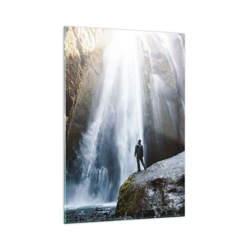 Cuadro sobre vidrio - Impresiones sobre Vidrio - Una figura con el telón de fondo de una majestuosa cascada en un desfiladero rocoso. - 80x120cm - Impresionante vista - Decoración de pared moderna para salón y dormitorio ARTTOR