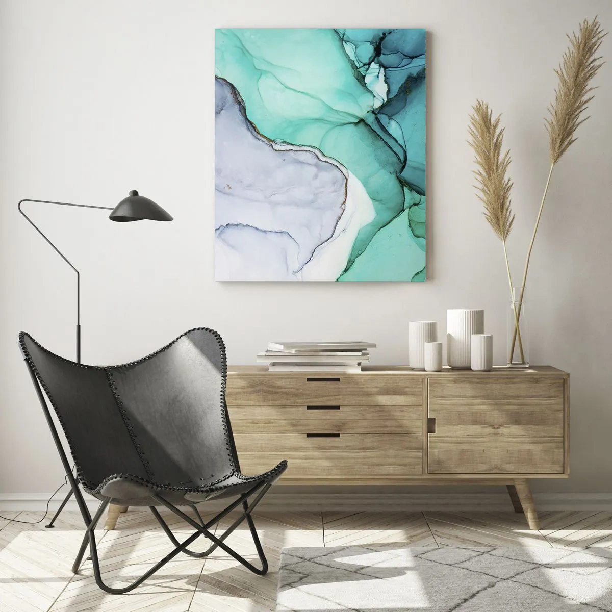 Cuadro sobre vidrio - Impresiones sobre Vidrio - Un cuadro abstracto en tonos turquesa y blanco, con delicadas grietas. - 50x70cm - Estudio en turquesa - Decoración de pared moderna para salón y dormitorio ARTTOR