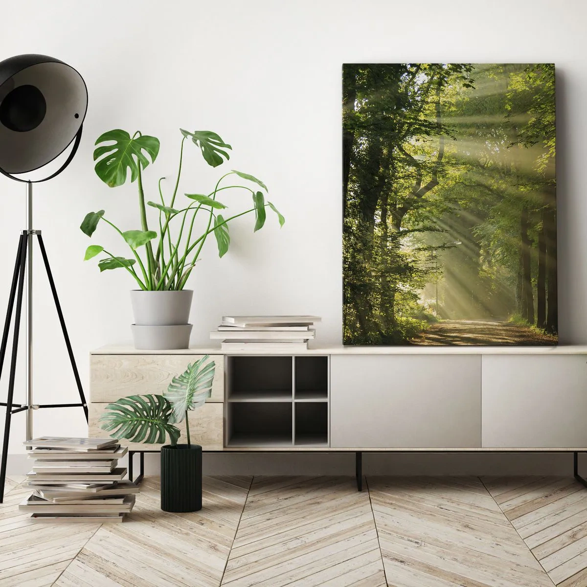 Cuadro sobre lienzo - Impresión de Imagen - Camino forestal con rayos de sol brillando a través de los árboles. - 50x70cm - Un momento en el bosque - Decoración de pared moderna para salón y dormitorio ARTTOR