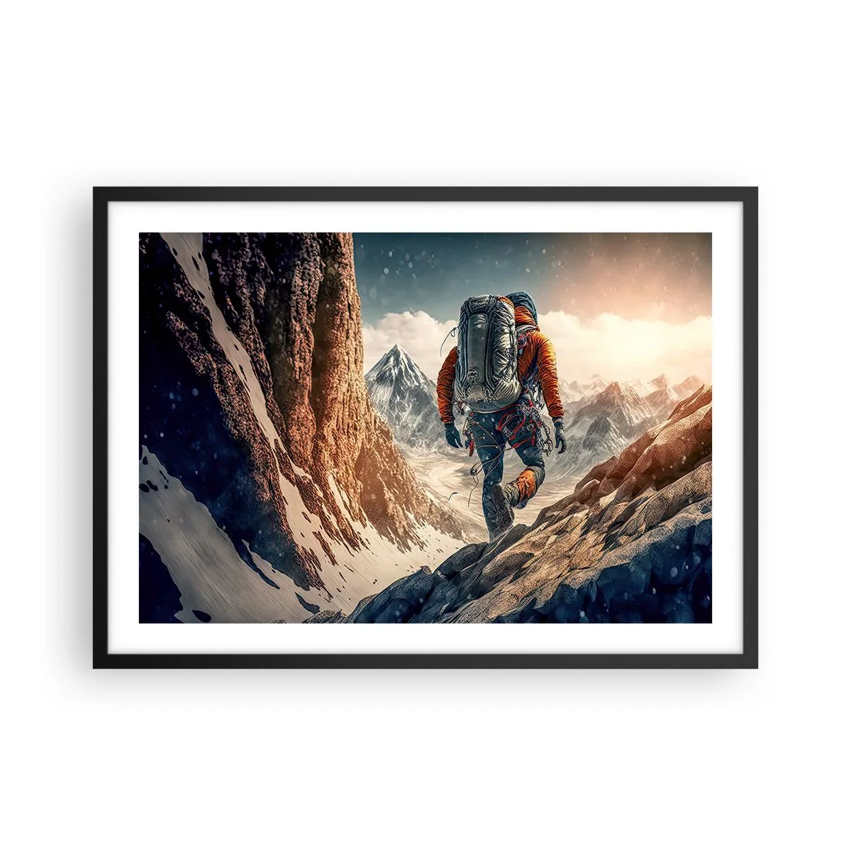 Póster en marco negro - Un escalador en un sendero de montaña en un paisaje invernal. - 70x50cm - Guerrero solitario - Decoración de pared moderna para salón y dormitorio ARTTOR