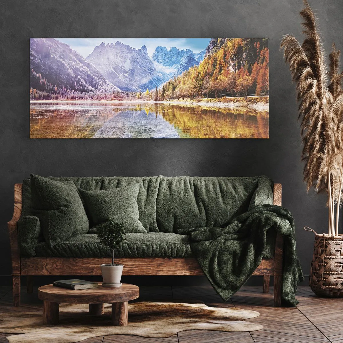 Cuadro sobre lienzo - Impresión de Imagen - Paisaje otoñal de montaña con un lago - 140x50cm - Ya es otoño en las montañas - Decoración de pared moderna para salón y dormitorio ARTTOR