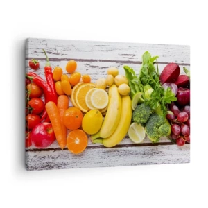 Cuadro sobre lienzo - Impresión de Imagen - Frutas y verduras coloridas sobre un fondo de madera - 70x50cm - ¿No es suficiente? - Decoración de pared moderna para salón y dormitorio ARTTOR