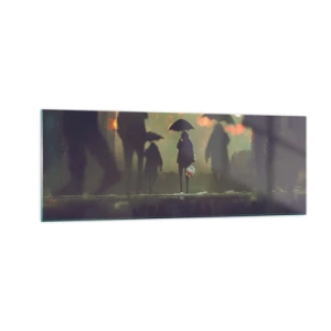 Cuadro sobre vidrio - Impresiones sobre Vidrio - Una figura con un paraguas en una tarde lluviosa entre las luces de la ciudad. - 140x50cm - Desde la perspectiva de una gota de lluvia - Decoración de pared moderna para salón y dormitorio ARTTOR