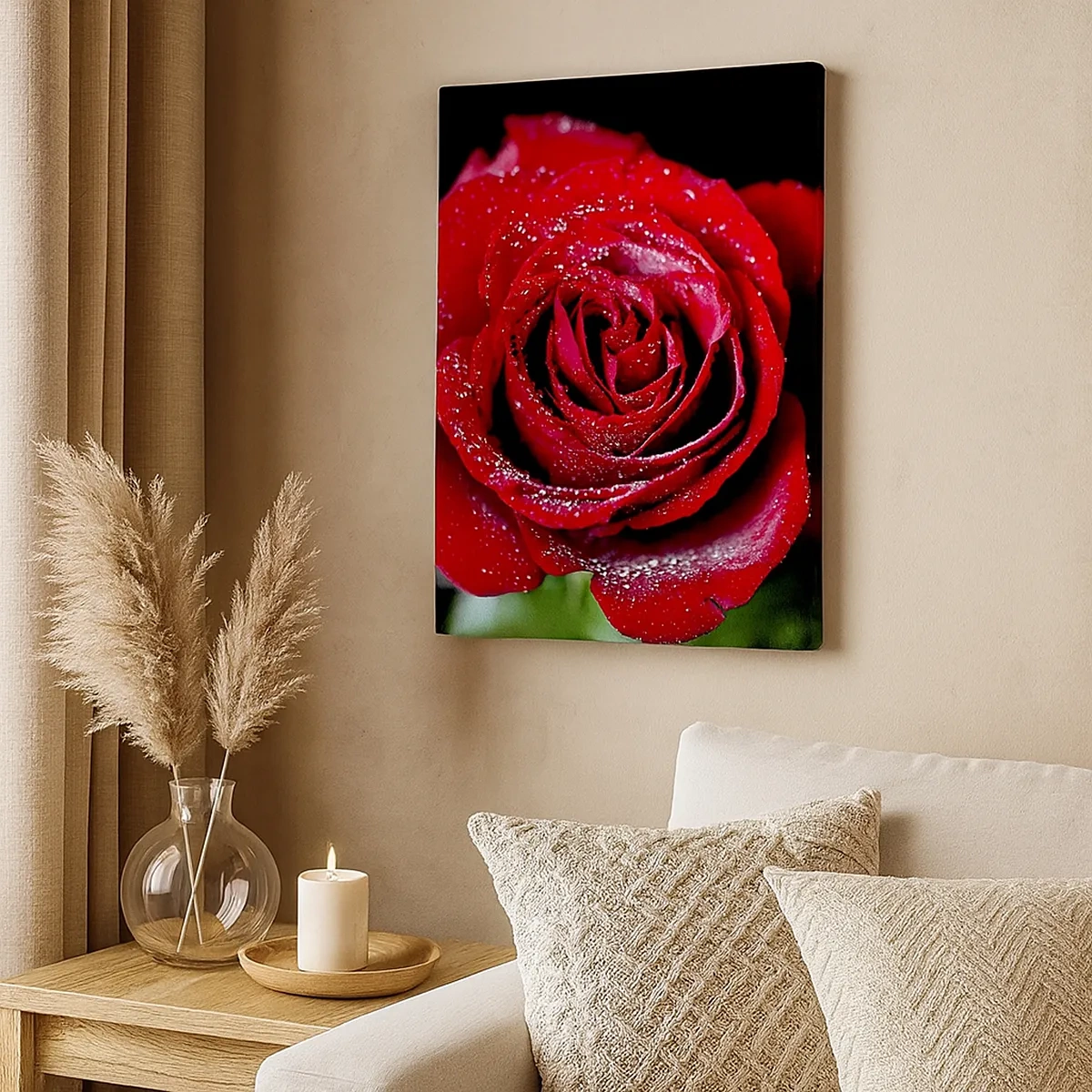 Cuadro sobre lienzo - Impresión de Imagen - Una rosa roja cubierta de gotas de rocío sobre un fondo negro. - 50x70cm - Eso es el amor - Decoración de pared moderna para salón y dormitorio ARTTOR