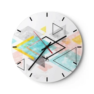 Reloj de pared - Reloj de vidrio - Triángulos y rombos coloridos en estilo geométrico. - 30x30cm - Un juego geométrico - Decoración de pared moderna para salón, cocina y dormitorio ARTTOR
