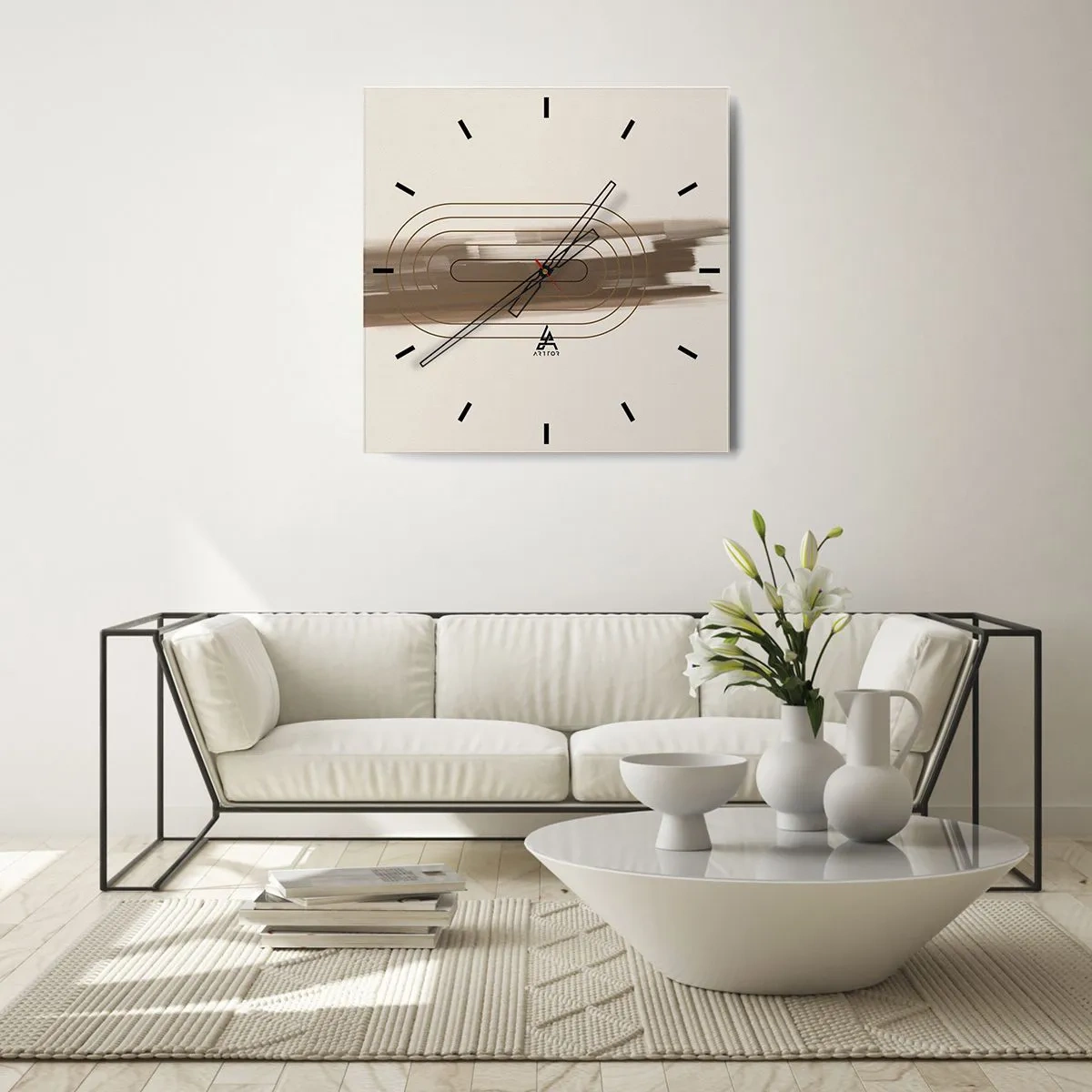 Reloj de pared - Reloj de vidrio - Una composición minimalista en tonos beige y gris con un patrón geométrico. - 30x30cm - Un soplo de gris - Decoración de pared moderna para salón y dormitorio ARTTOR