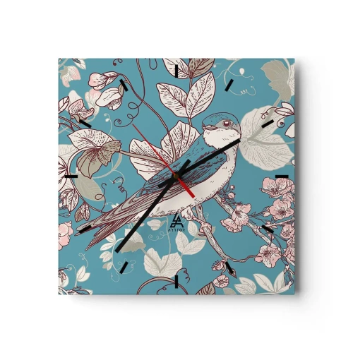 Reloj de pared - Reloj de vidrio - Un pájaro en una rama en un delicado estilo floral. - 30x30cm - En el cerezo - Decoración de pared moderna para salón y dormitorio ARTTOR