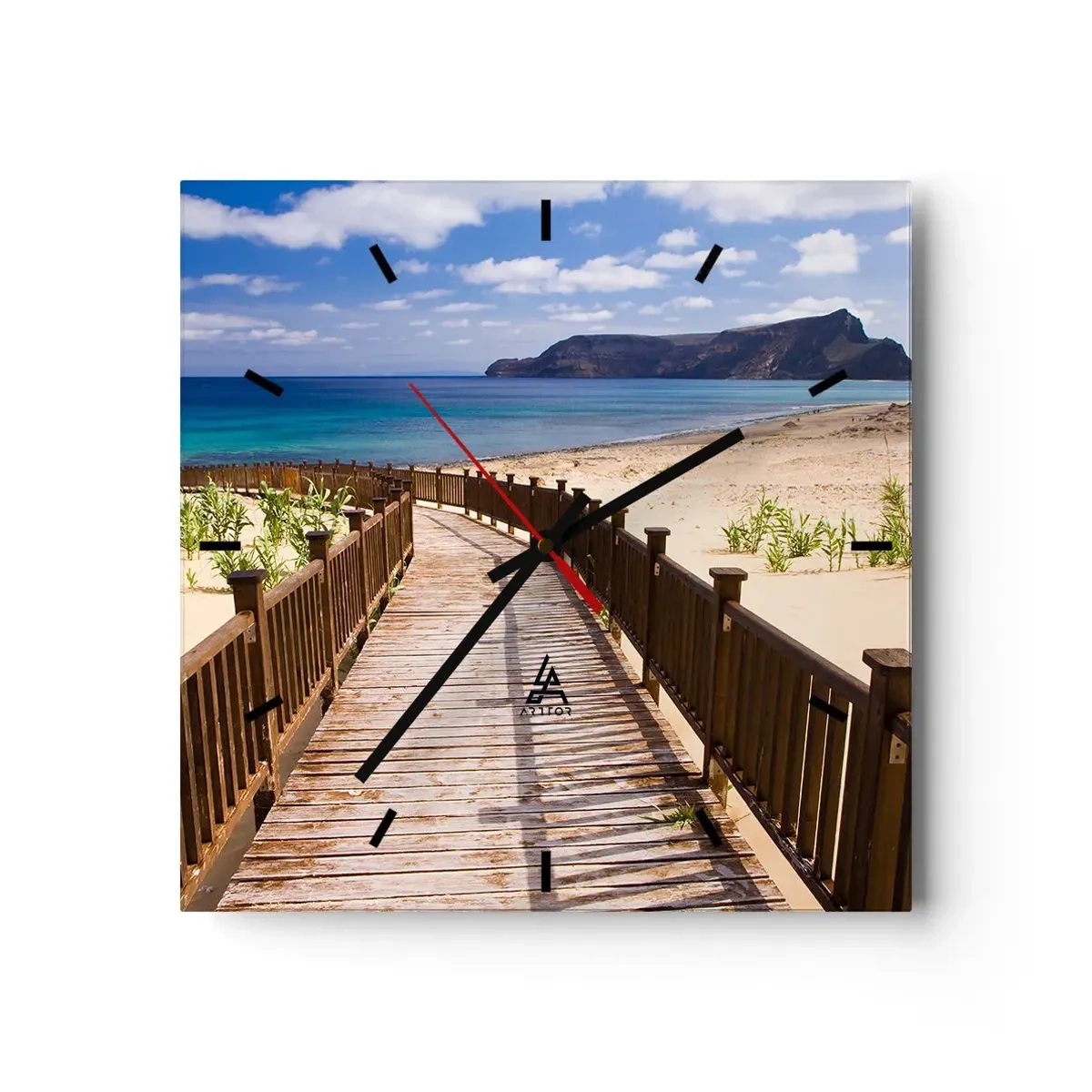 Reloj de pared - Reloj de vidrio - Camino de madera que conduce a la playa con vistas al mar. - 30x30cm - Llévame a la isla de la felicidad - Decoración de pared moderna para salón y dormitorio ARTTOR