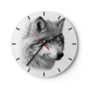 Reloj de pared - Reloj de vidrio - Un retrato en blanco y negro de un lobo con una mirada penetrante. - 30x30cm - Alfa - sin duda - Decoración de pared moderna para salón, cocina y dormitorio ARTTOR