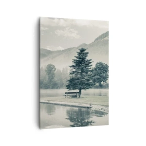 Cuadro sobre lienzo - Impresión de Imagen - Un pintoresco lago con un banco y niebla al fondo. - 70x100cm - El lago sigue durmiendo - Decoración de pared moderna para salón y dormitorio ARTTOR