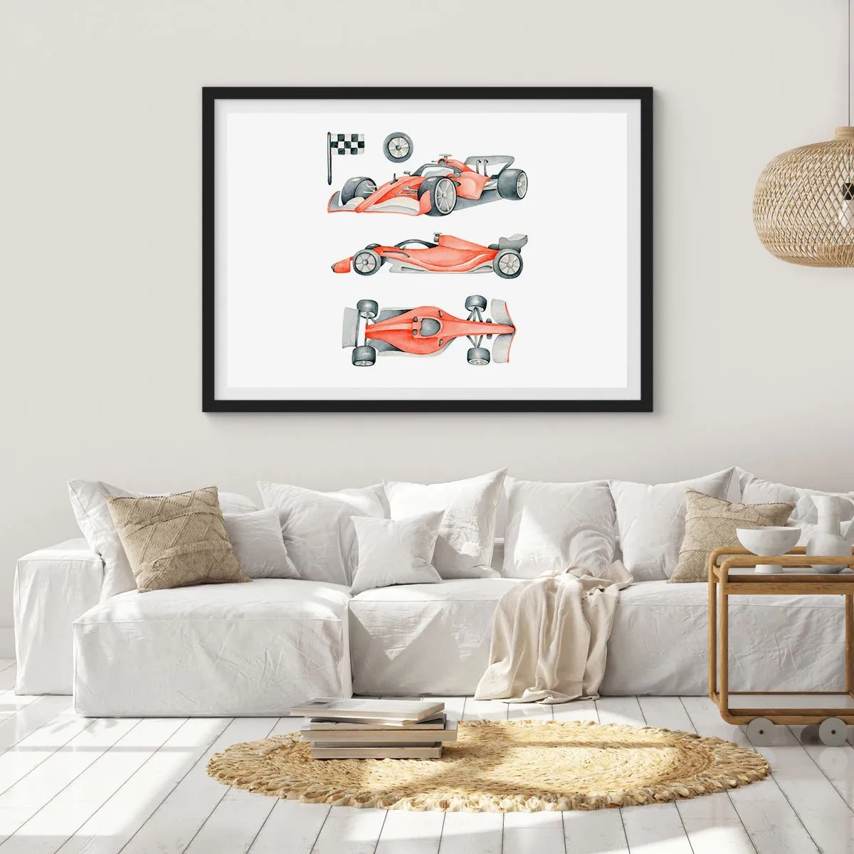 Póster en marco negro - Un coche de carreras rojo con una bandera a cuadros. - 70x50cm - Para alcanzar un sueño - Decoración de pared moderna para salón y dormitorio ARTTOR