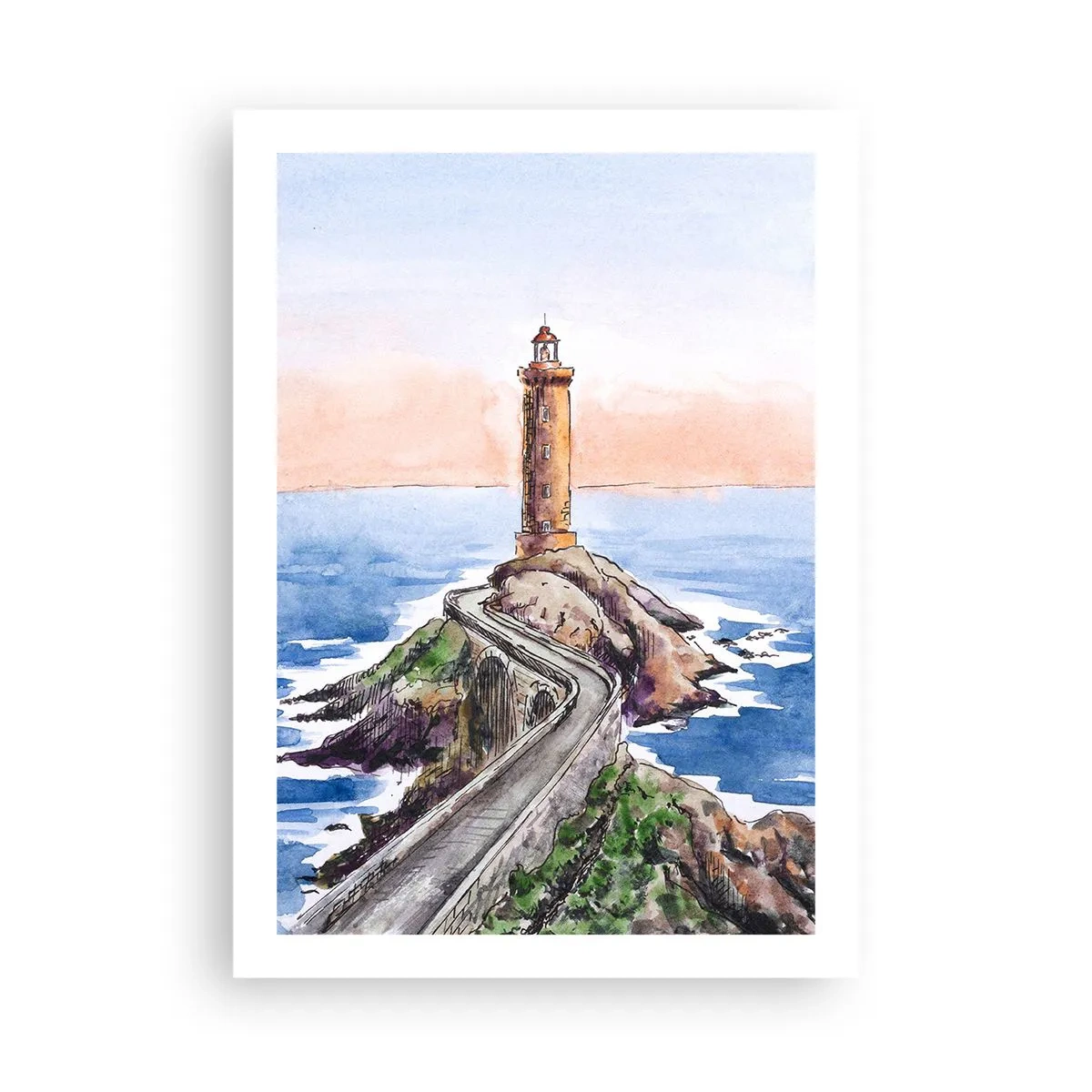 Póster - Ilustración de acuarela de un faro en una costa rocosa - 50x70cm - Frente al mar - Decoración de pared moderna para salón y dormitorio ARTTOR