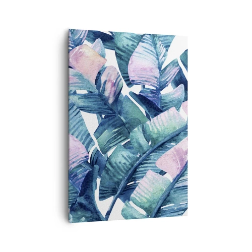 Cuadro sobre lienzo - Impresión de Imagen - Hojas de plátano en tonos azules y rosas. - 70x100cm - En una plantación de plátanos - Decoración de pared moderna para salón y dormitorio ARTTOR
