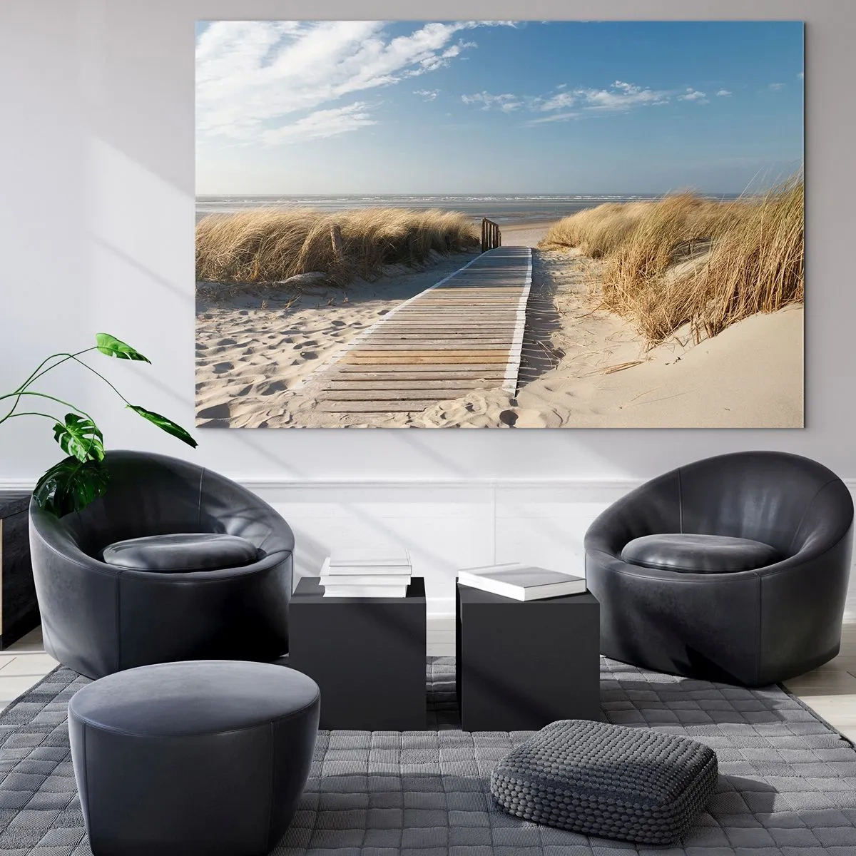 Cuadro sobre vidrio - Impresiones sobre Vidrio - Camino de madera a través de las dunas que conduce a la playa. - 120x80cm - Más allá de la duna, en el susurro de la naturaleza - Decoración de pared moderna para salón y dormitorio ARTTOR