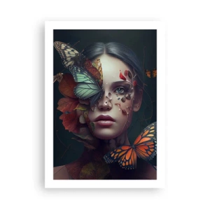 Póster - Retrato de una mujer con mariposas y hojas. - 50x70cm - Una metamorfosis maravillosa - Decoración de pared moderna para salón y dormitorio ARTTOR