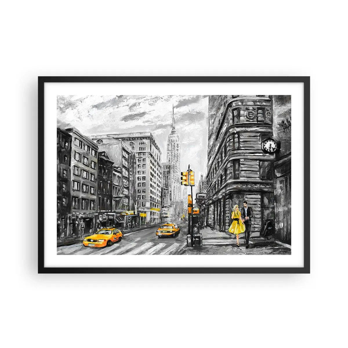 Póster en marco negro - Calle de Nueva York con acentos amarillos - 70x50cm - Una de las muchas historias de la gran manzana - Decoración de pared moderna para salón y dormitorio ARTTOR
