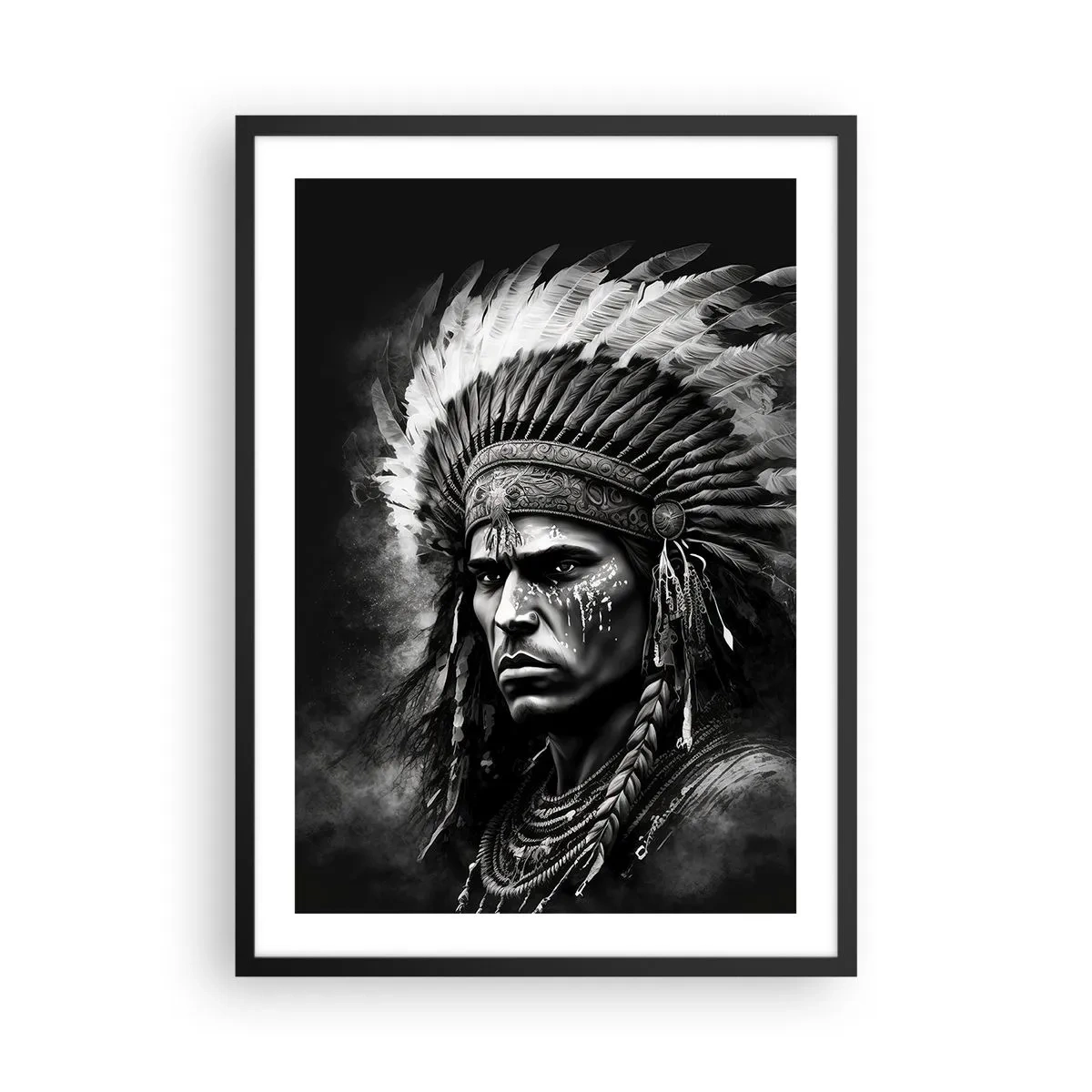 Póster en marco negro - Retrato de un guerrero con un tocado de plumas tradicional - 50x70cm - Líder y guerrero - Decoración de pared moderna para salón y dormitorio ARTTOR