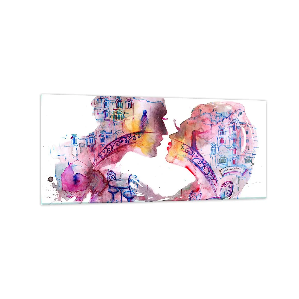 Cuadro sobre vidrio - Impresiones sobre Vidrio - Una acuarela romántica que representa las siluetas de los amantes. - 120x50cm - Un puente secreto de suspiros - Decoración de pared moderna para salón y dormitorio ARTTOR