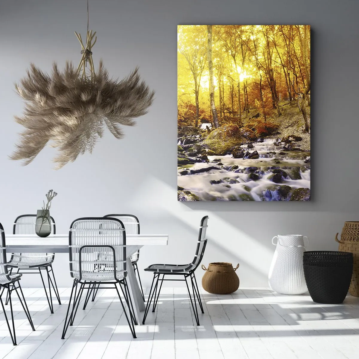 Cuadro sobre lienzo - Impresión de Imagen - Bosque otoñal con un arroyo entre hojas doradas - 70x100cm - Piedras bañadas en oro y platino - Decoración de pared moderna para salón y dormitorio ARTTOR