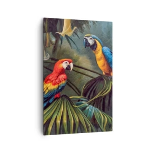 Cuadro sobre lienzo - Impresión de Imagen - Loros en un bosque tropical con flores exóticas al fondo. - 80x120cm - Romanticismo en los trópicos - Decoración de pared moderna para salón y dormitorio ARTTOR