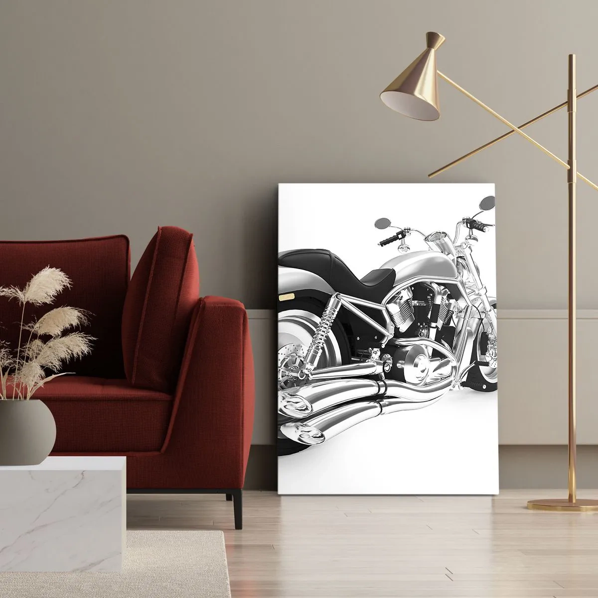 Cuadro sobre lienzo - Impresión de Imagen - Motocicleta cromada sobre fondo blanco - 80x120cm - Sueño de un coleccionista - Decoración de pared moderna para salón y dormitorio ARTTOR