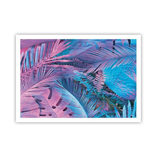 Póster - Hojas tropicales en tonos rosa y azul. - 100x70cm - Trópicos en rosa y azul - Decoración de pared moderna para salón y dormitorio ARTTOR