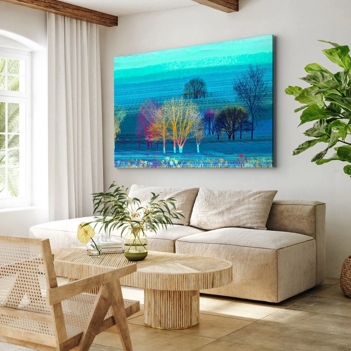 Cuadro sobre lienzo - Impresión de Imagen - Árboles coloridos contra un paisaje azul minimalista. - 70x50cm - Un paisaje armónico - Decoración de pared moderna para salón y dormitorio ARTTOR